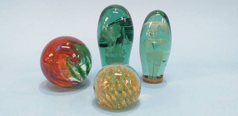 Two glass dumps and two paperweights