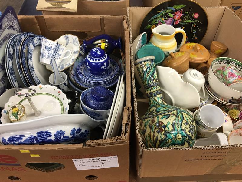 Two boxes of assorted, blue and white china etc.