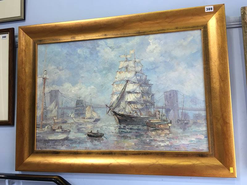 John Clymer, oil on canvas, 'Tall Ships at San Francisco', 93cm x 67cm