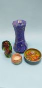 A Murano octagonal glass waisted vase, a Poole pottery dish, a Royal Doulton bowl and a green