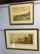 Two watercolours, H. Baker, Beach scene with fisherman and one other