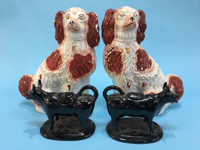 A pair of Staffordshire Spaniels and a pair of cow creamers - Image 4 of 4
