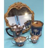 Gilt mirror, silver plated tea set and a Wedgwood biscuit barrel