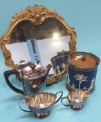 Gilt mirror, silver plated tea set and a Wedgwood biscuit barrel