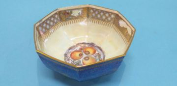 A Wedgwood lustreware octagonal bowl, decorated with pagodas and dragons, printed mark, numbered Z