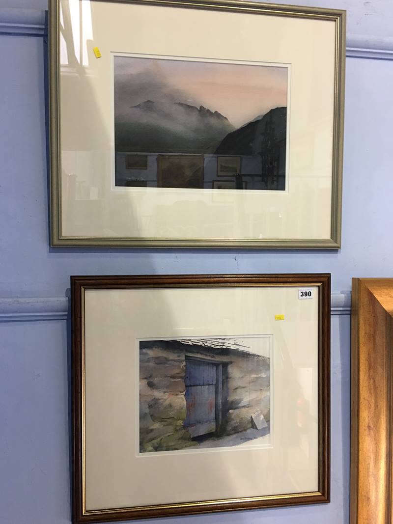 Two watercolours, by Rod Priory, 'Les's Stable Door' and a mountain scene