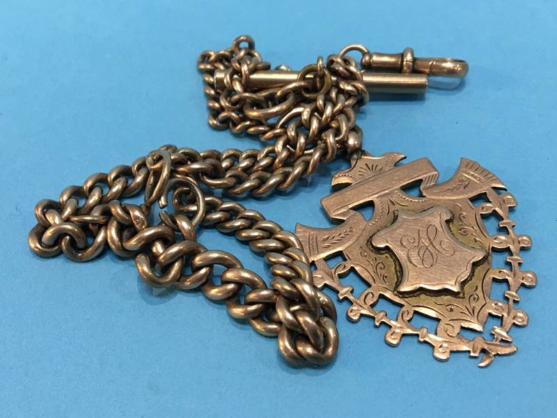 A yellow metal Albert chain, various links stamped '9', together with a 9ct gold fob, total weight