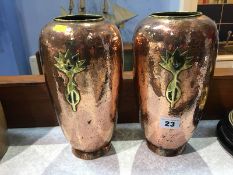 Pair of copper vases, with brass overlay