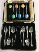 Enamelled coffee spoons and set of silver spoons