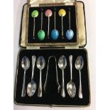 Enamelled coffee spoons and set of silver spoons