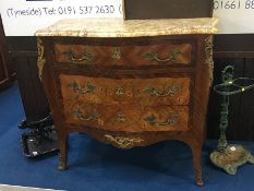 Louis XV style marble top chest of drawers, serpentine front with gilded handles and furniture