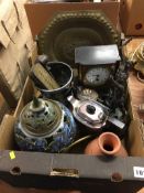 Box of assorted brass, studio pottery etc.