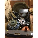 Box of assorted brass, studio pottery etc.