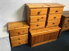 Three pine bedside cabinets and a blanket box