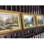 Three gilt framed Thomas Kinkade prints, 'Beyond Spring Gate', 'Lamplight Brooke' and 'Lamplight