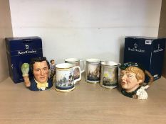 Two Royal Doulton character jugs and four tankards