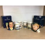 Two Royal Doulton character jugs and four tankards