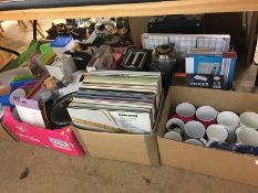 Five boxes of assorted, records, household items etc.