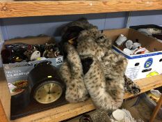 Two faux fur coats, mantle clock and two boxes of assorted