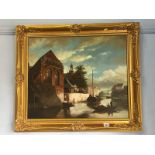 Continental gilt framed oil on board, 'Canal Scene'