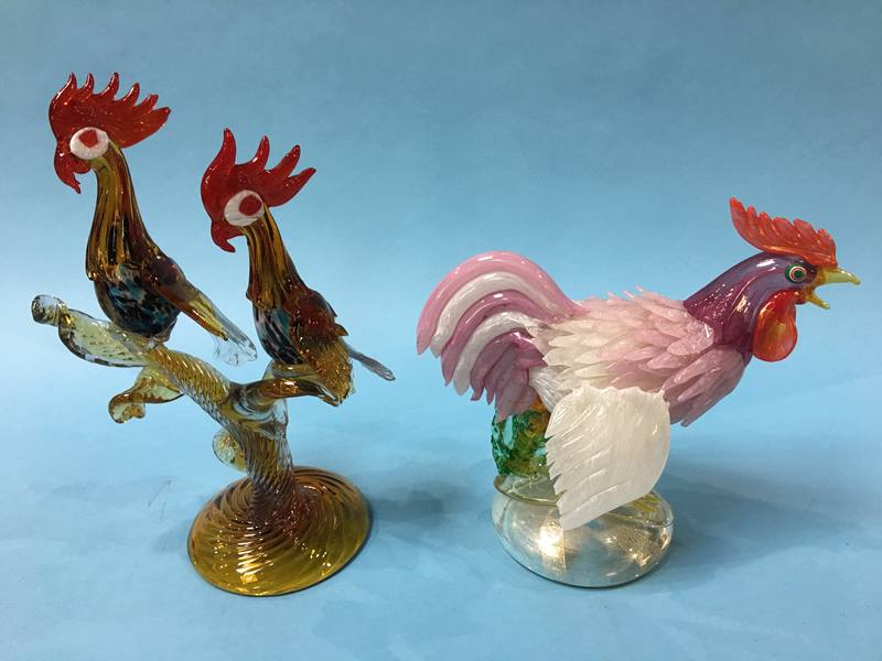 Two Murano coloured glass cockerels, 34cm and 24cm height