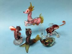 Five various Murano animals