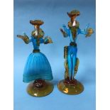 A pair of Murano glass figures of a lady and gentleman in turquoise and amber, 40cm height