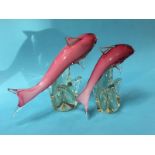 Two large Murano pink and clear cased glass leaping dolphins, 43cm wide x 29cm height and 15cm