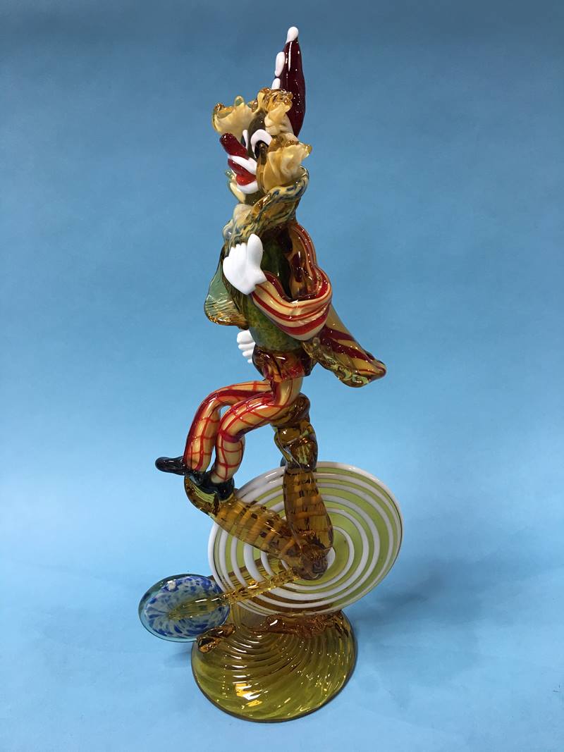 A large Murano glass figure of a clown riding a penny farthing style bike, in multi colours, 48cm - Image 2 of 3