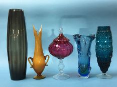Five pieces of various coloured glassware