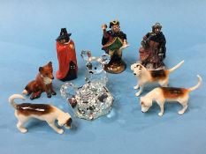 Three Beswick fox hounds, a small Beswick fox and three Doulton figures