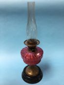 An oil lamp with cranberry reservoir