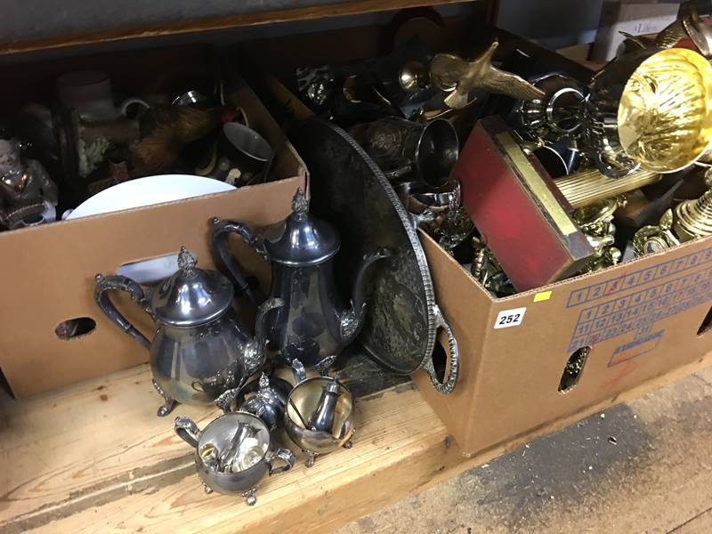 Box of trophies and two boxes of china and glass