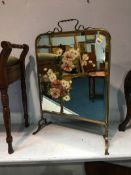 Victorian painted glass and brass fire screen