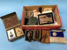 Box of coins, costume jewellery etc.