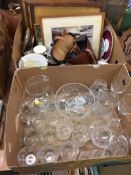 Two boxes of glassware, barometer, binoculars etc.