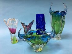 Five pieces of coloured glassware