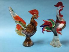 Two colourful Murano glass cockerels, on swirling bases