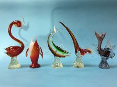 A selection of four Murano and one other coloured glass animals