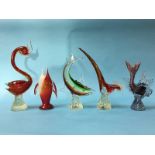 A selection of four Murano and one other coloured glass animals