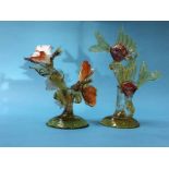 A Murano glass model of two fish swimming in seaweed and two butterflies on a branch, 33cm height