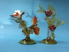 A Murano glass model of two fish swimming in seaweed and two butterflies on a branch, 33cm height