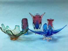 Three coloured glass vases and two glass bowls