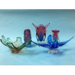 Three coloured glass vases and two glass bowls