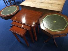 Yew wood nest of tables and two octagonal occasional tables