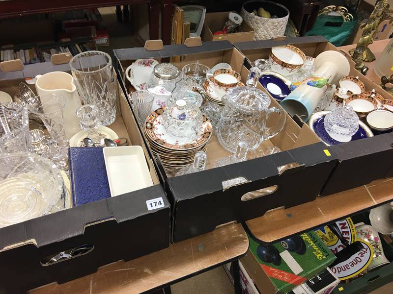 Three boxes of china, glassware etc.