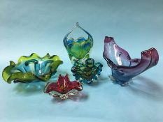 Five pieces of coloured glassware