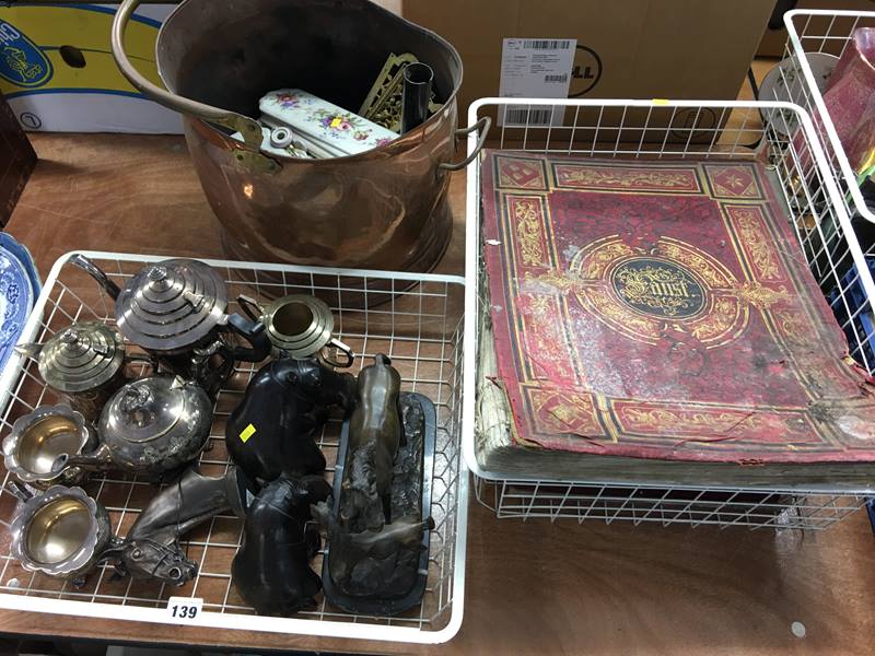 Copper coal scuttle, quantity of finger plates, silver plated wares and War Illustrated etc.