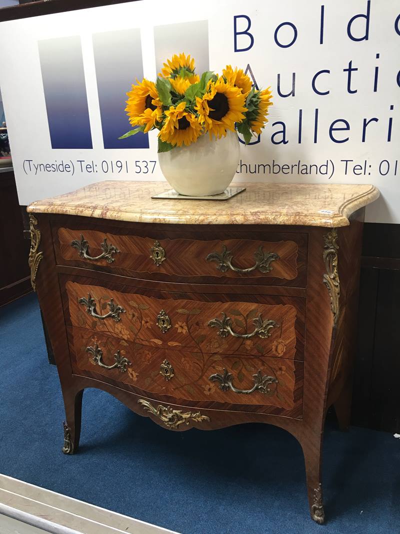 A good quality Louis XV style marble top commode, with three drawers, 92cm wide