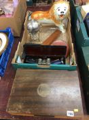 Box of cutlery, Staffordshire lion, silver plated egg coddler etc.